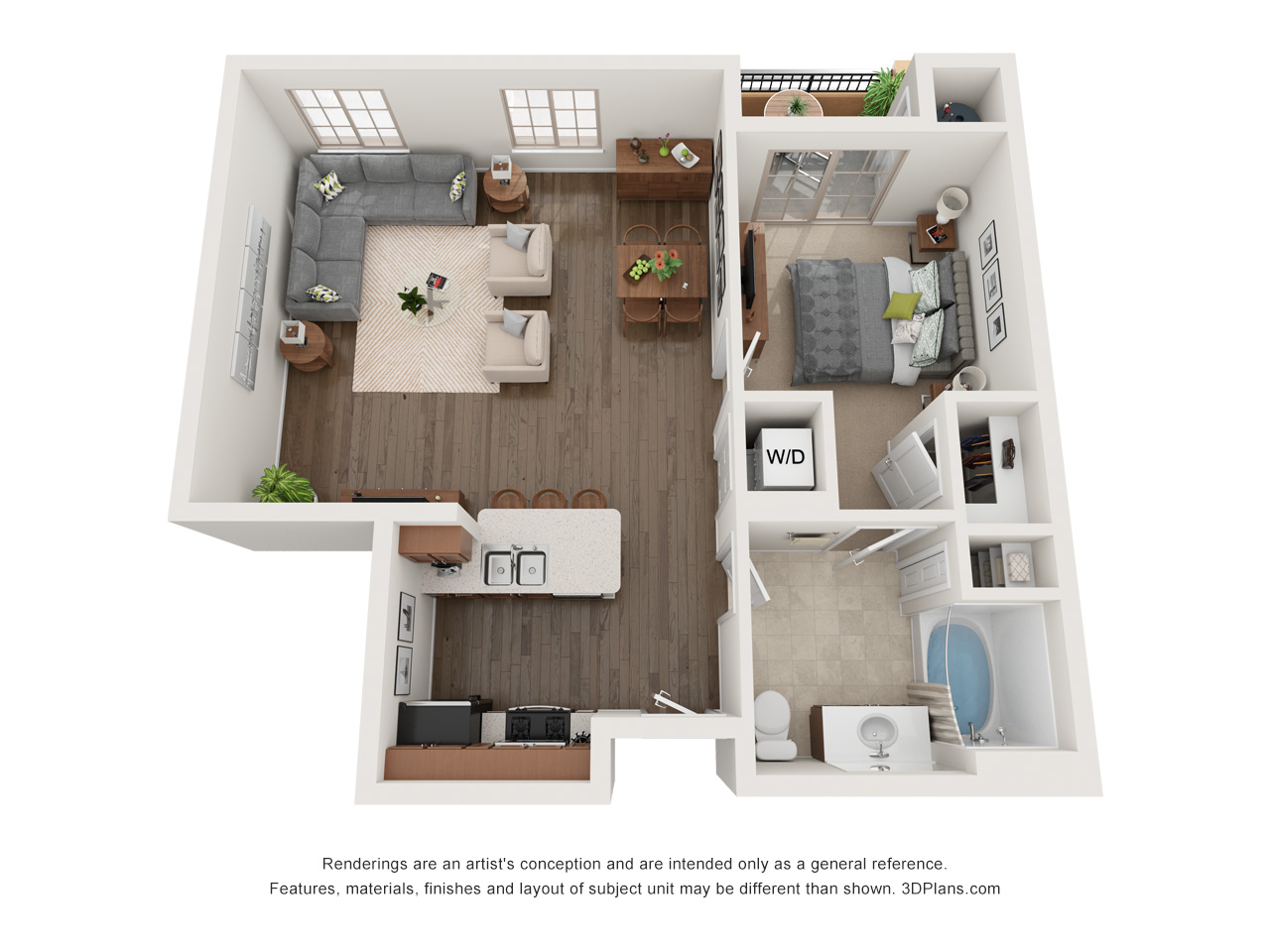 Floor plan for 1 bed, 1 bath, 738 sqft